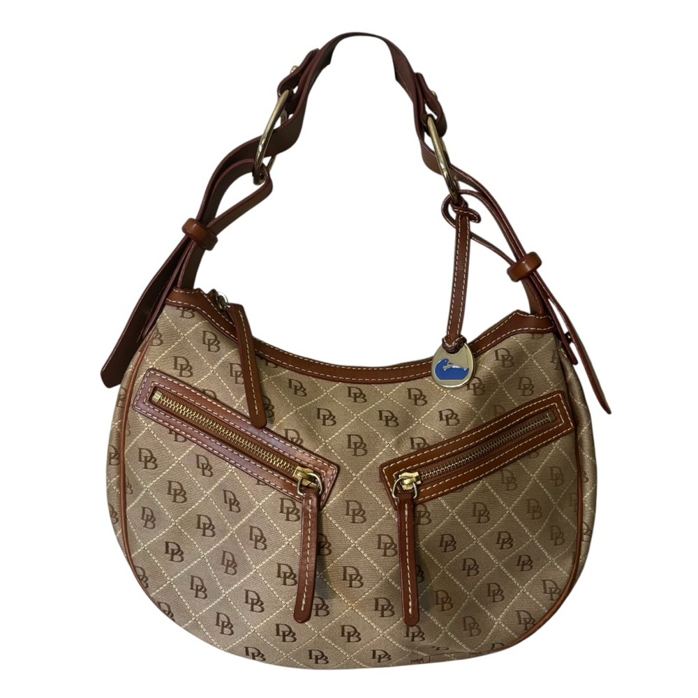 Dooney & Bourke Vintage Bag Tan and Brown Shoulder Bag Canvas Leather Gold-tone
